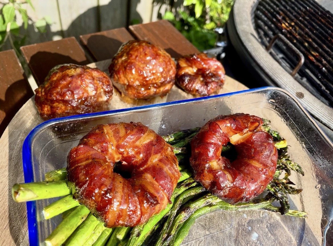 Bacon wrapped burger stuffed onion rings