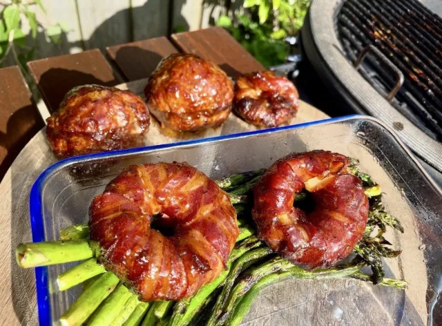 Bacon wrapped burger stuffed onion rings